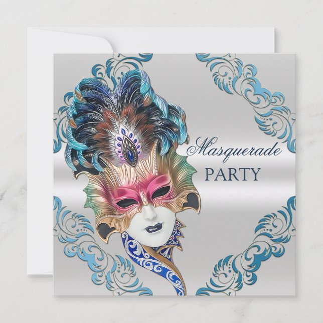 Peacock Feathers Mask Masquerade Party Silver Invitation (Front)