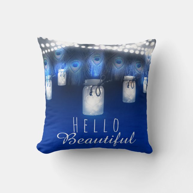 Peacock Feathers, Mason Jar & String Lights Rustic Cushion (Front)