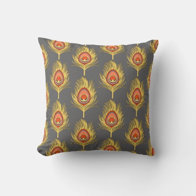 Peacock Feathers, Mustard Yellow on Grey / Grey Cushion (Front)