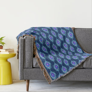 Peacock Feathers, Navy and Pastel Blue Throw Blanket