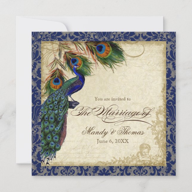 Peacock & Feathers Navy Blue Lace Wedding Square Invitation (Front)