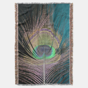 Peacock Feathers on black and turquoise Throw Blanket
