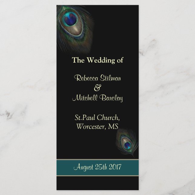 Peacock feathers on black Wedding program Programme (Front)