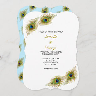 Peacock Feathers on Light Blue & White Wedding Invitation