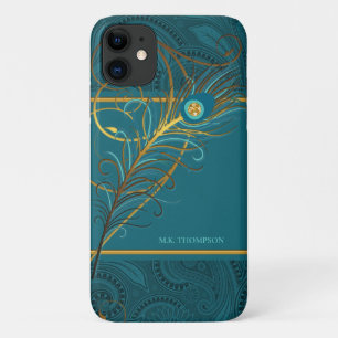 Peacock Feathers on Teal Paisley Case-Mate iPhone Case