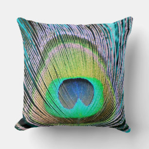 Peacock Feathers on turquoise Cushion