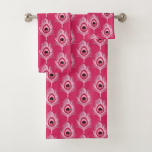 Peacock Feathers, Pastel Pink on Fuchsia Pink  Bath Towel Set