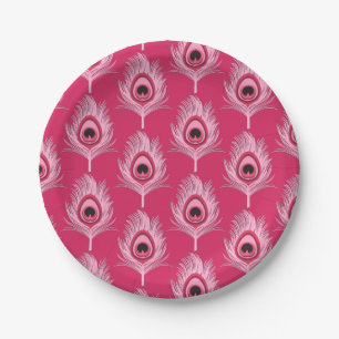 Peacock Feathers, Pastel Pink on Fuchsia Pink Paper Plate