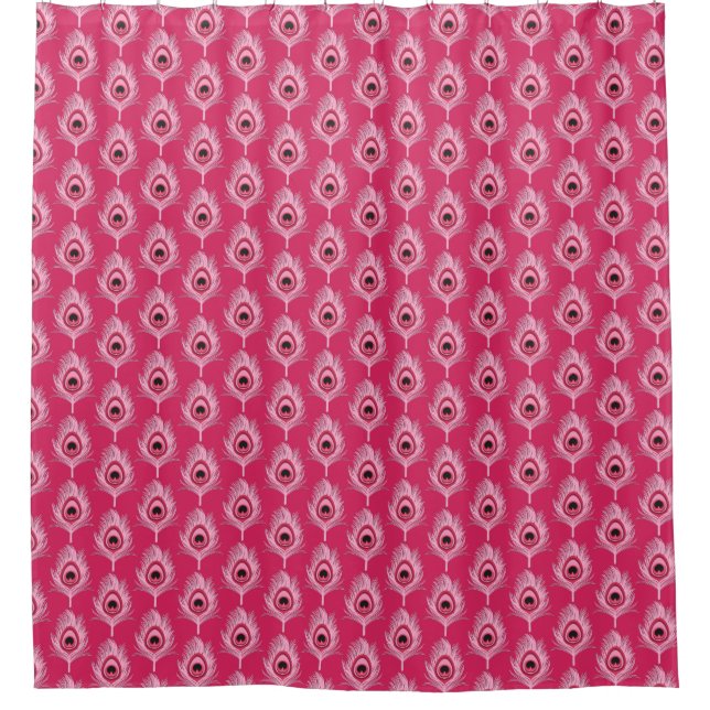 Peacock Feathers, Pastel Pink on Fuchsia Pink Shower Curtain (Front)