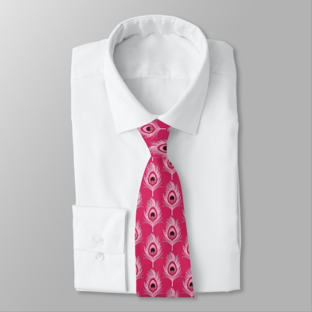 Peacock Feathers, Pastel Pink on Fuchsia Pink Tie (Tied)