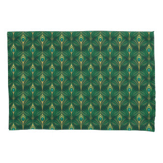 Peacock Feathers Pattern in Emerald Green and Gold Pillowcase