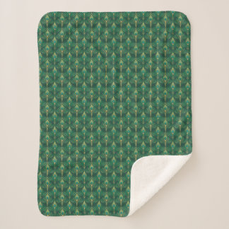Peacock Feathers Pattern in Emerald Green and Gold Sherpa Blanket