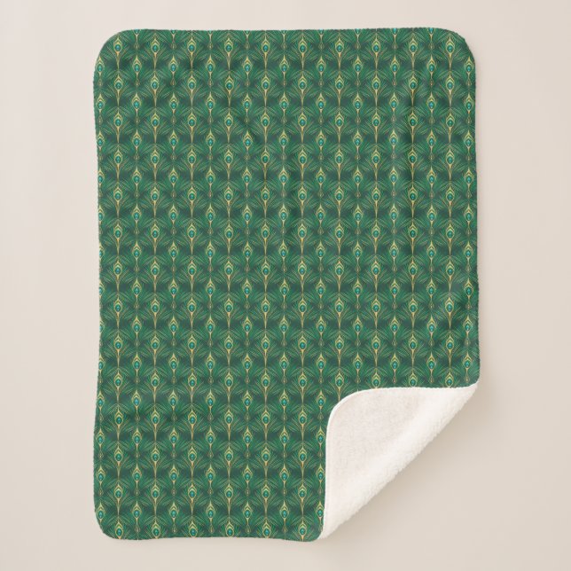 Peacock Feathers Pattern in Emerald Green and Gold Sherpa Blanket (Front)