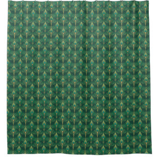 Peacock Feathers Pattern in Emerald Green and Gold Shower Curtain