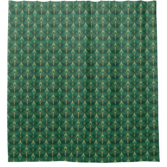 Peacock Feathers Pattern in Emerald Green and Gold Shower Curtain (Front)