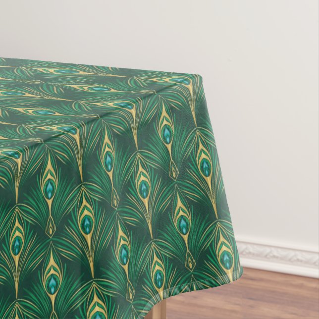 Peacock Feathers Pattern in Emerald Green and Gold Tablecloth (In Situ)