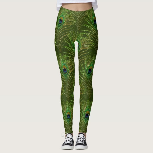 Peacock Feathers Peacocks Green Gold Glitter Leggings (Front)