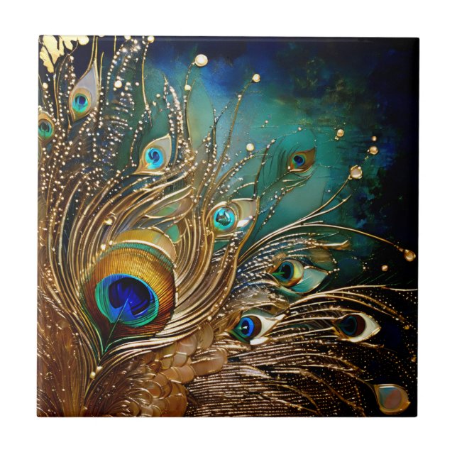 Peacock feathers pearl dots faux foil gold wall tile (Front)