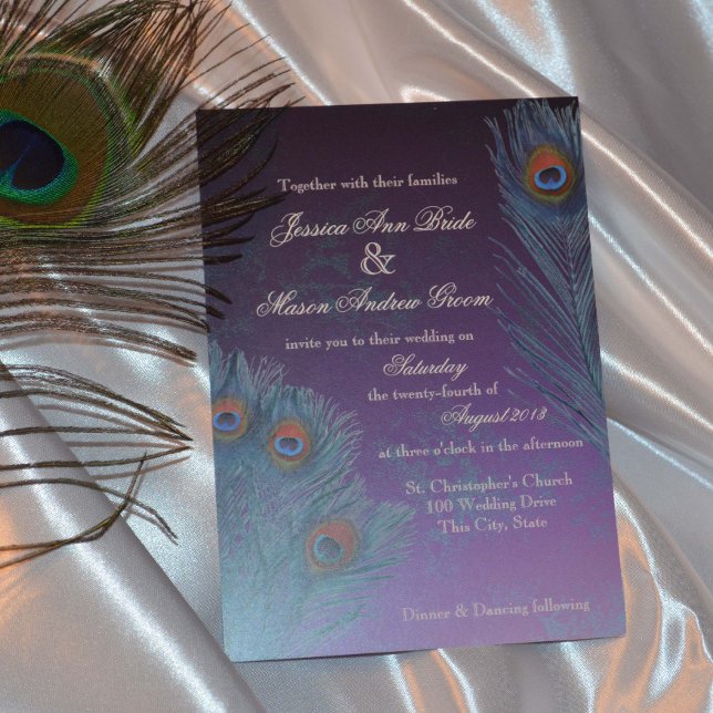 Peacock Feathers Purple Wedding Invitation (Creator Uploaded)