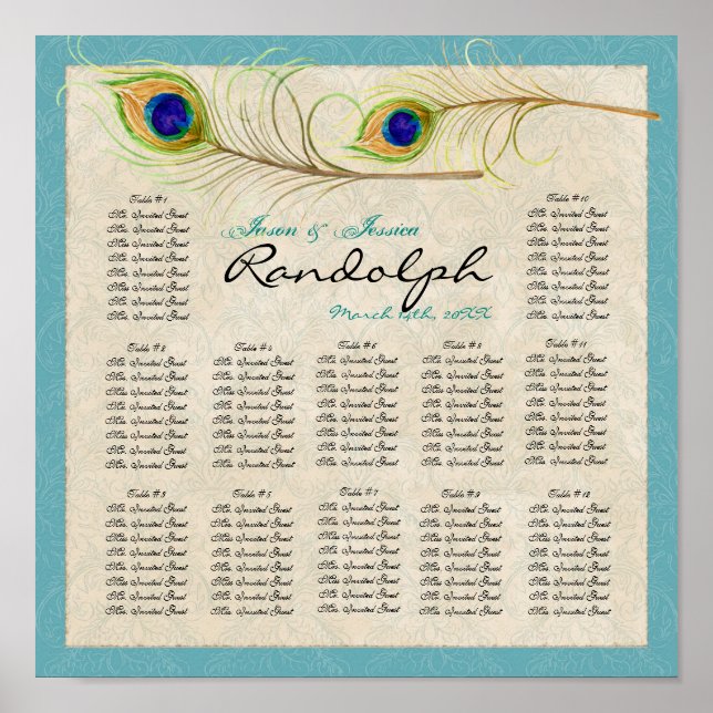 Peacock Feathers Reception Table Seating Chart (Front)