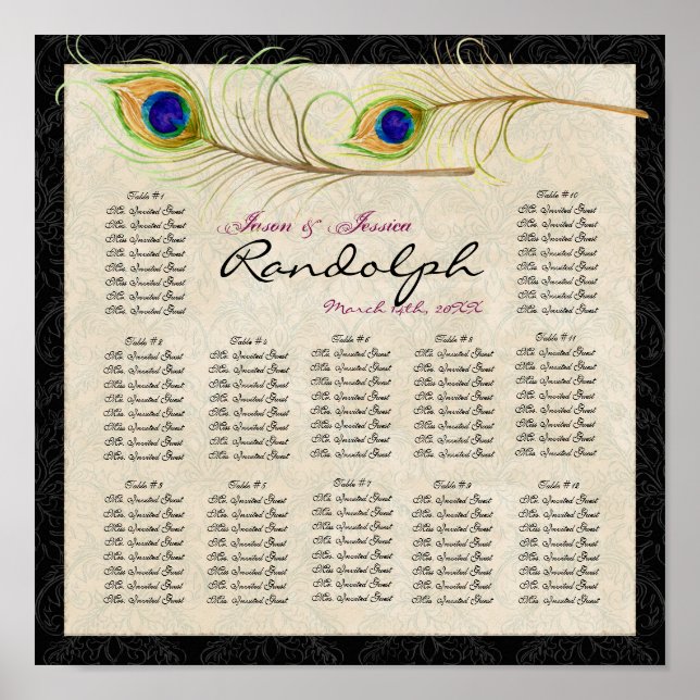 Peacock Feathers Reception Table Seating Chart (Front)