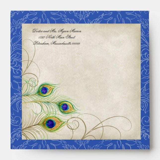 Peacock Feathers Royal Blue Quinceanera Invites Envelopes (Front)