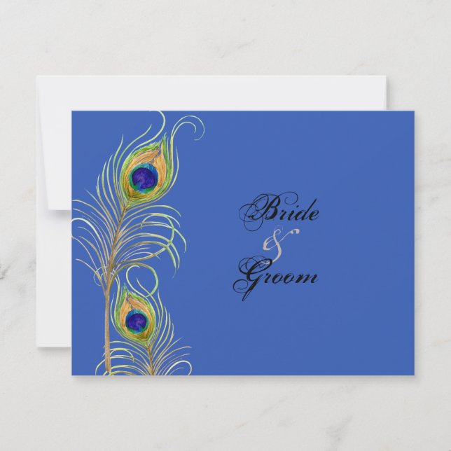 Peacock Feathers Royal Blue RSVP Response Cards (Front)