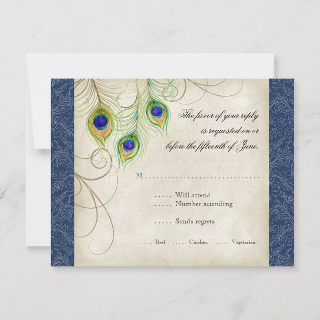 Peacock Feathers Royal Blue Wedding Invitation (Front)