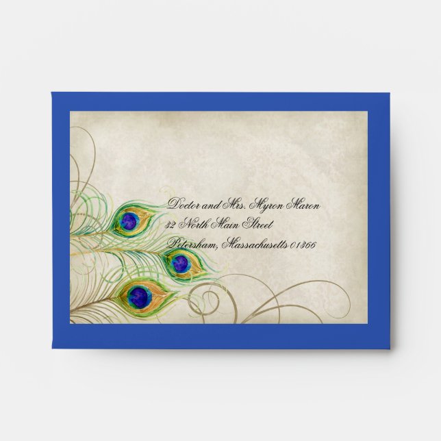 Peacock Feathers Royal Blue Wedding RSVP Response Envelope (Front)
