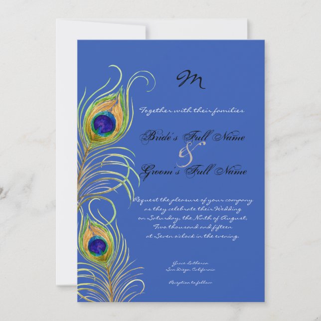 Peacock Feathers Royal Cobalt Blue Wedding Invites (Front)