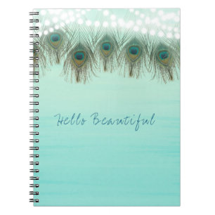 Peacock Feathers & String Lights Rustic Elegant Spiral Notebook