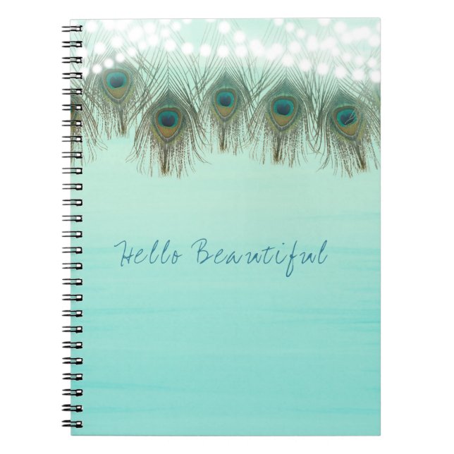 Peacock Feathers & String Lights Rustic Elegant Spiral Notebook (Front)