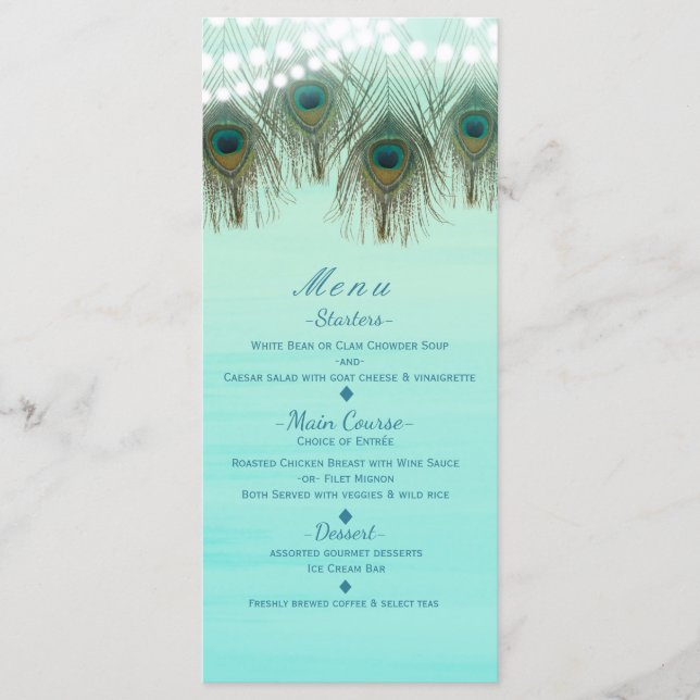 Peacock Feathers & String Lights Rustic Party Menu (Front)
