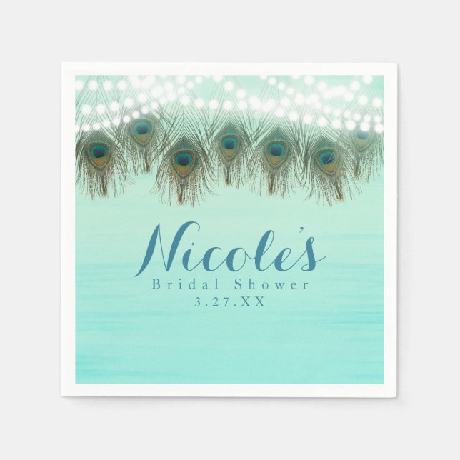 Peacock Feathers & String Lights Rustic Party Napkin (Front)