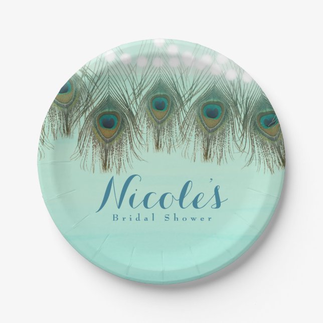 Peacock Feathers & String Lights Rustic Party Paper Plate (Front)