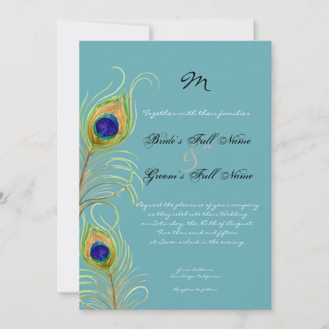Peacock Feathers Teal Blue Elegant Wedding Invites (Front)