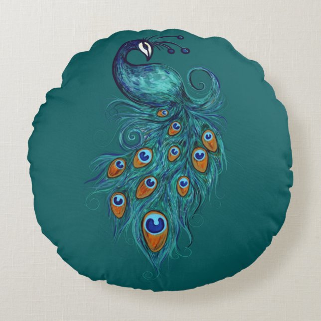 Peacock Feathers Teal Peacocks          Round Cushion (Front)