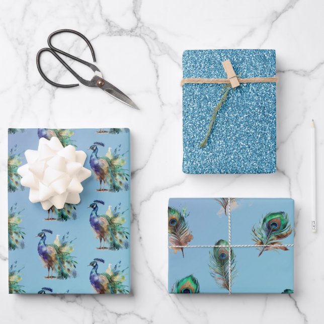 Peacock Feathers Turquoise Blue Glitter Wrapping Paper Sheet (Front)