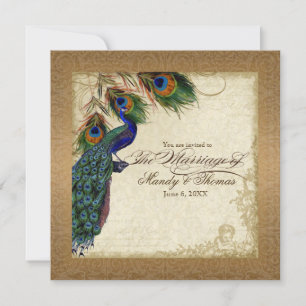 Peacock & Feathers Vintage Gold Elegant Wedding Invitation