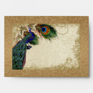 Peacock & Feathers Vintage Gold Look Damask Swirl Envelope