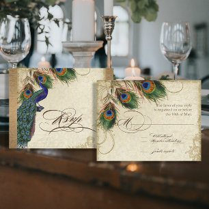 Peacock & Feathers Vintage Gold Look Damask Swirl RSVP Card