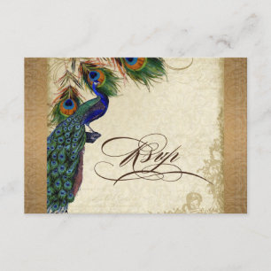 Peacock & Feathers Vintage Gold Look Damask Swirl RSVP Card