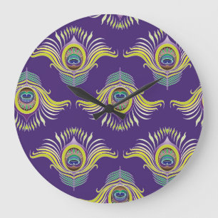 Peacock feathers: vintage seamless background. large clock