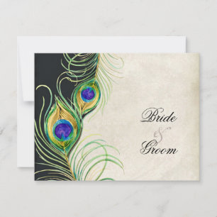 Peacock Feathers Watercolor Black Tan Damask RSVP Card