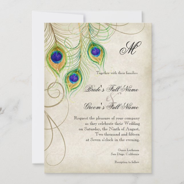 Peacock Feathers Wedding Invitation (Front)