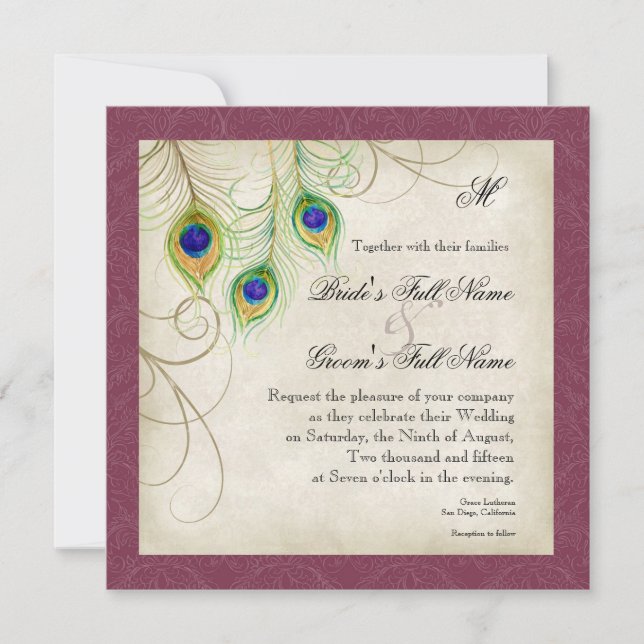 Peacock Feathers Wedding Invitation (Front)