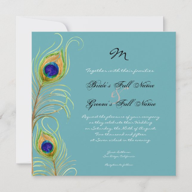 Peacock Feathers Wedding Invitation (Front)