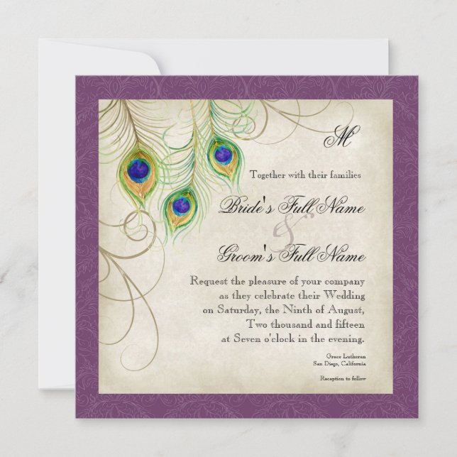 Peacock Feathers Wedding Invitation (Front)