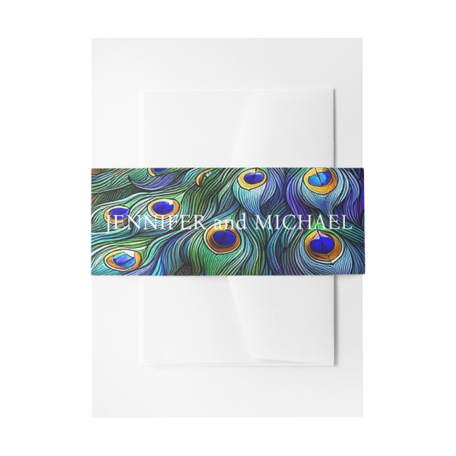 Peacock Feathers Wedding Invitation Belly Band (Front Example)