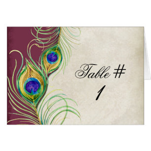 Peacock Feathers Wedding Table Tent Card raspberry